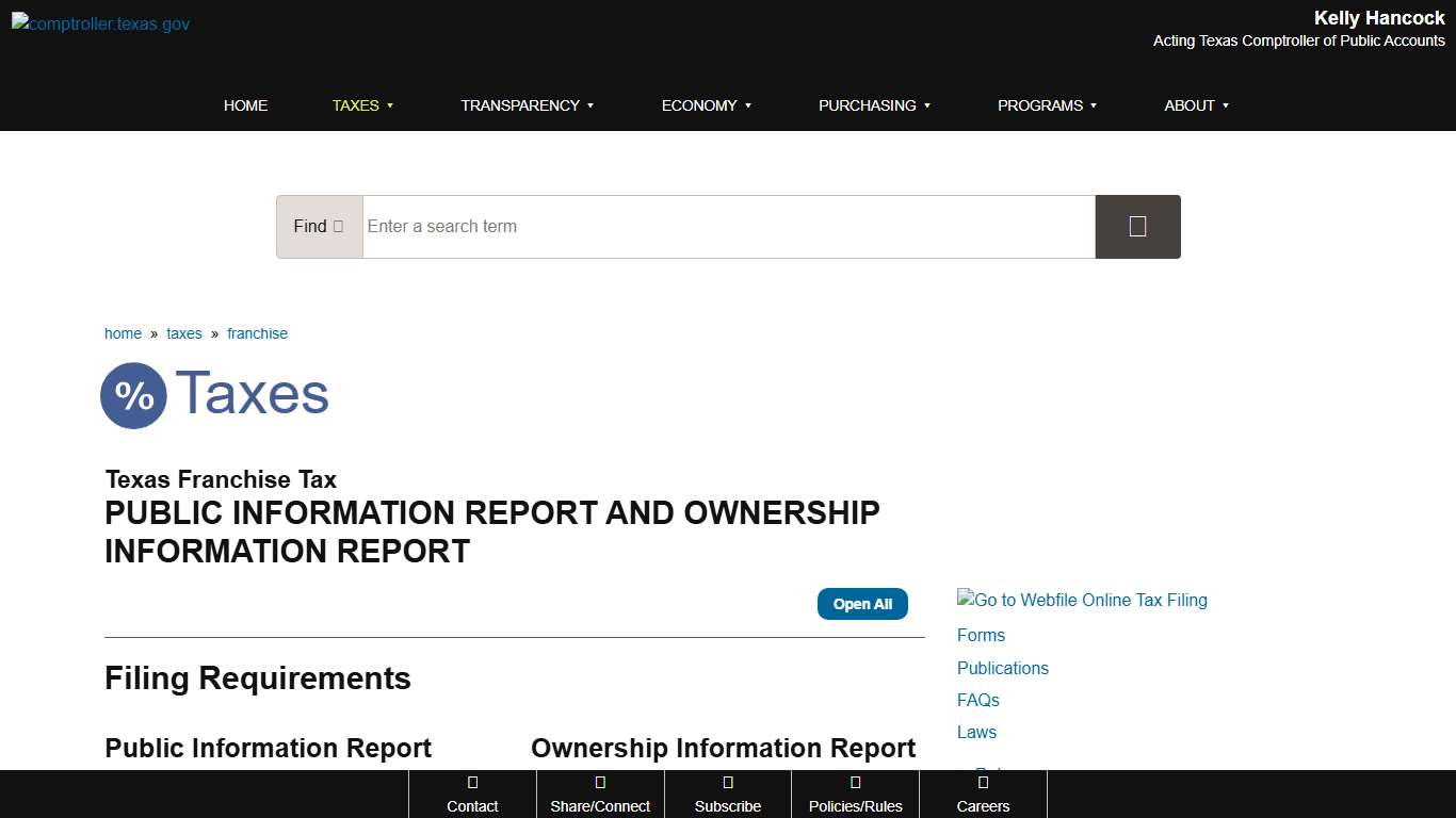 Texas Franchise Tax Public Information Report (PIR) and Ownership Information Report (OIR)